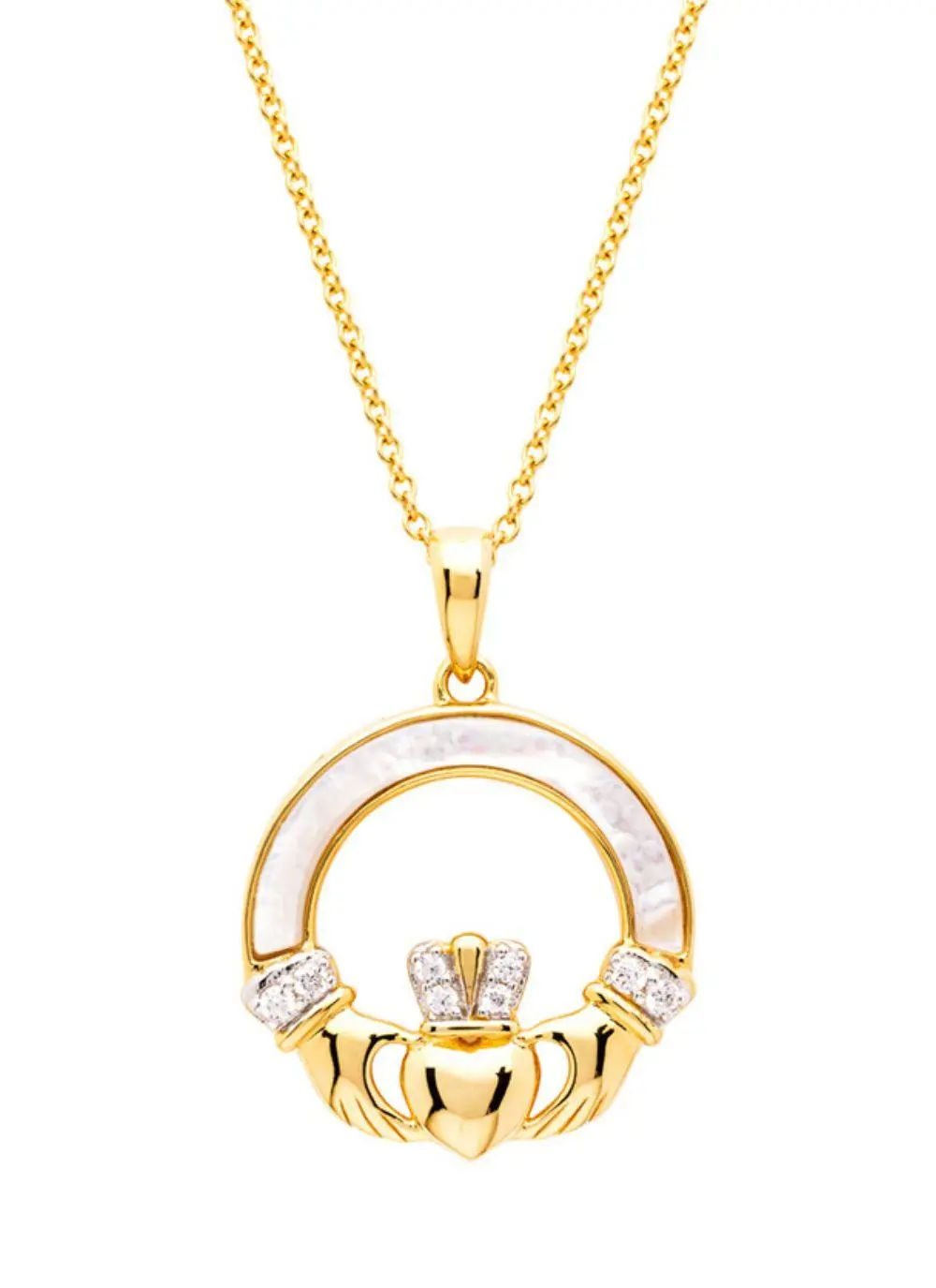 14ct Gold Vermeil Mother of Pearl Claddagh Necklace with White Cubic Zirconia
